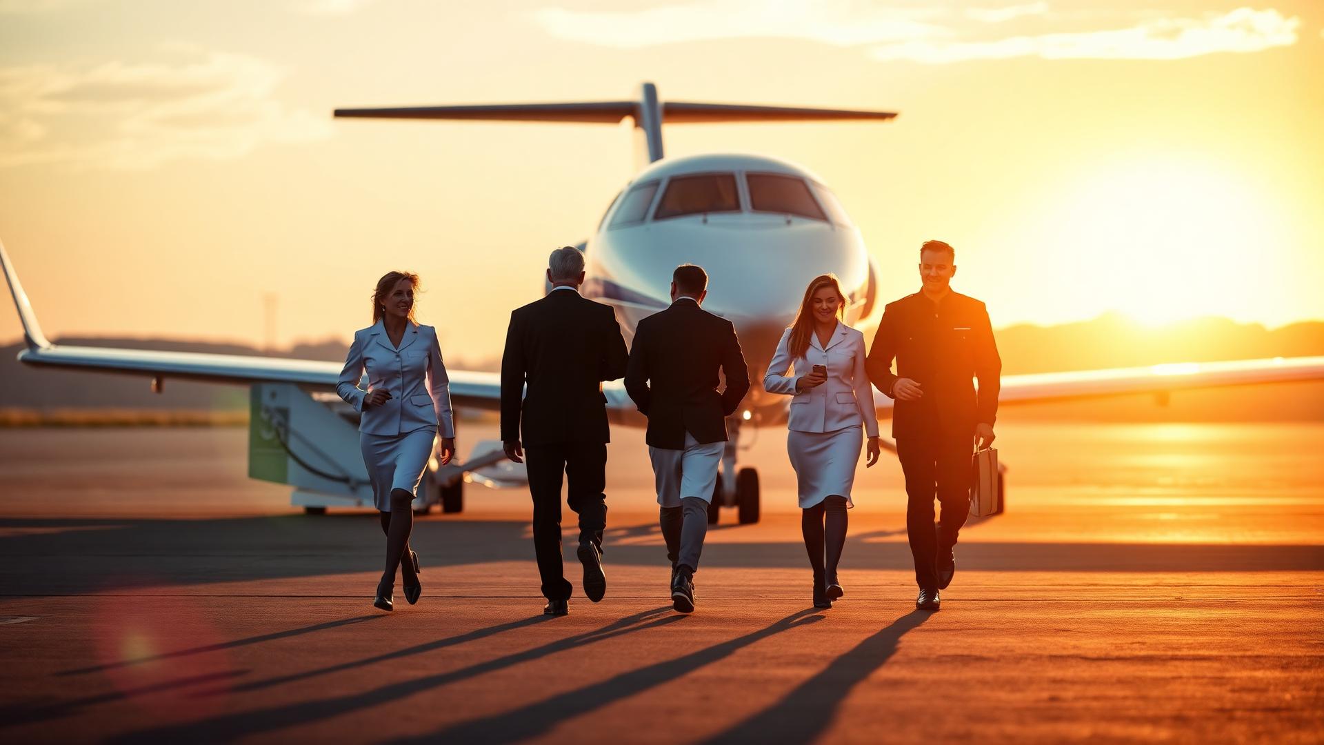 JetsPlus team on the tarmac at sunrise
